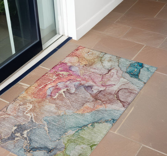 2' X 3' Blue Abstract Washable Non Skid Indoor Outdoor Area Rug