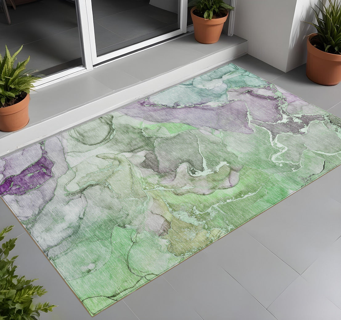 2' X 3' Green and Purple Abstract Washable Indoor Outdoor Area Rug