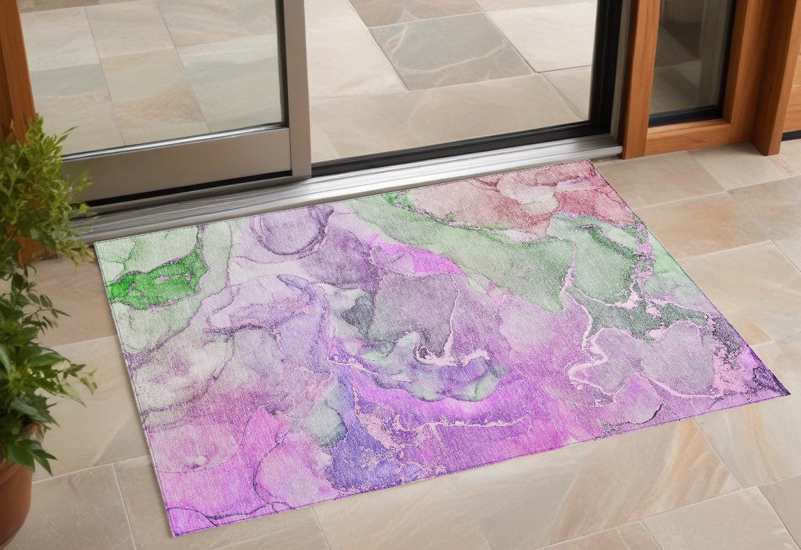 2' X 3' Purple Abstract Washable Non Skid Indoor Outdoor Area Rug