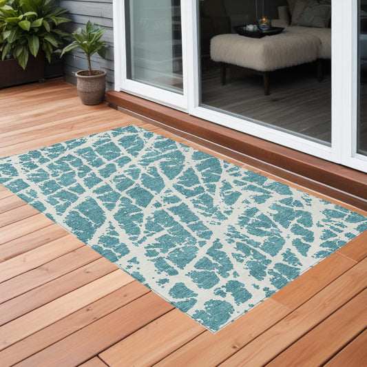 2' X 3' Teal Abstract Washable Non Skid Indoor Outdoor Area Rug