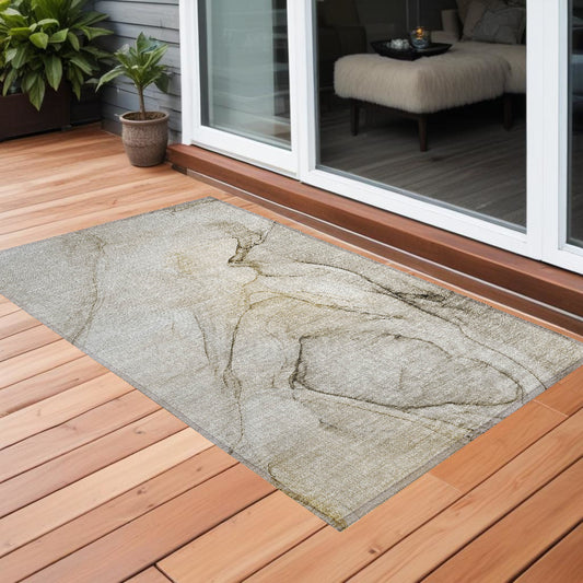 2' X 3' Beige and Gray Abstract Washable Non Skid Indoor Outdoor Area Rug