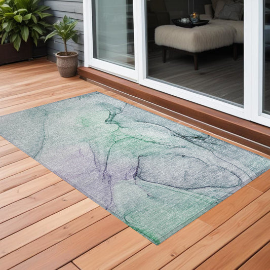 2' X 3' Blue and Gray Abstract Washable Non Skid Indoor Outdoor Area Rug