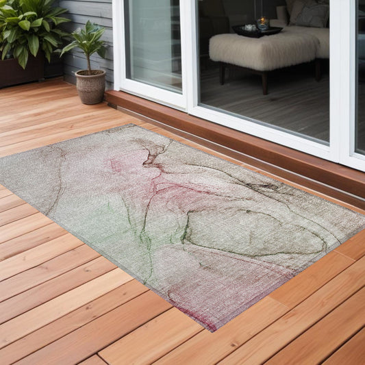 2' X 3' Gray and Pink Abstract Washable Non Skid Indoor Outdoor Area Rug