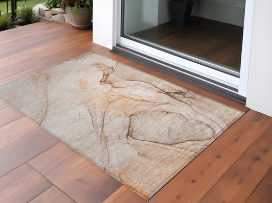 2' X 3' Gray and Orange Abstract Washable Non Skid Indoor Outdoor Area Rug