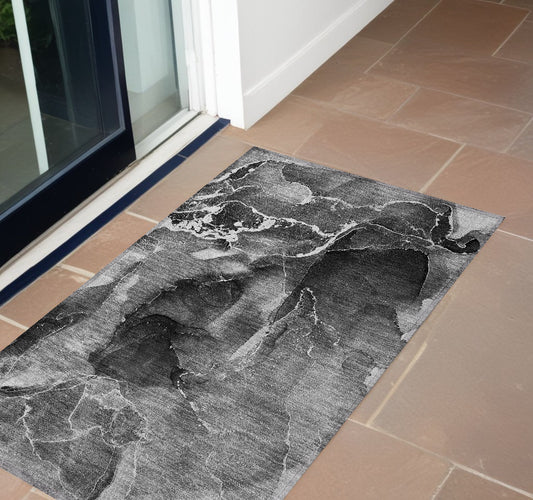 2' X 3' Black Gray and White Abstract Washable Non Skid Indoor Outdoor Area Rug