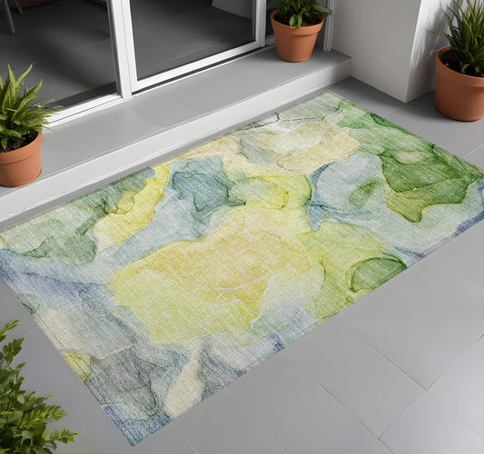 2' X 3' Yellow Abstract Washable Non Skid Indoor Outdoor Area Rug