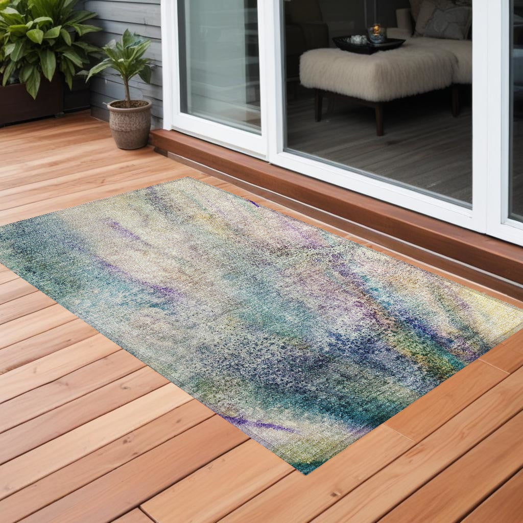 2' X 3' Beige Blue and Gray Abstract Washable Non Skid Indoor Outdoor Area Rug