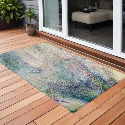 2' X 3' Beige Blue and Gray Abstract Washable Non Skid Indoor Outdoor Area Rug
