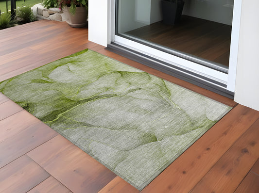 2' X 3' Olive Green Abstract Washable Non Skid Indoor Outdoor Area Rug