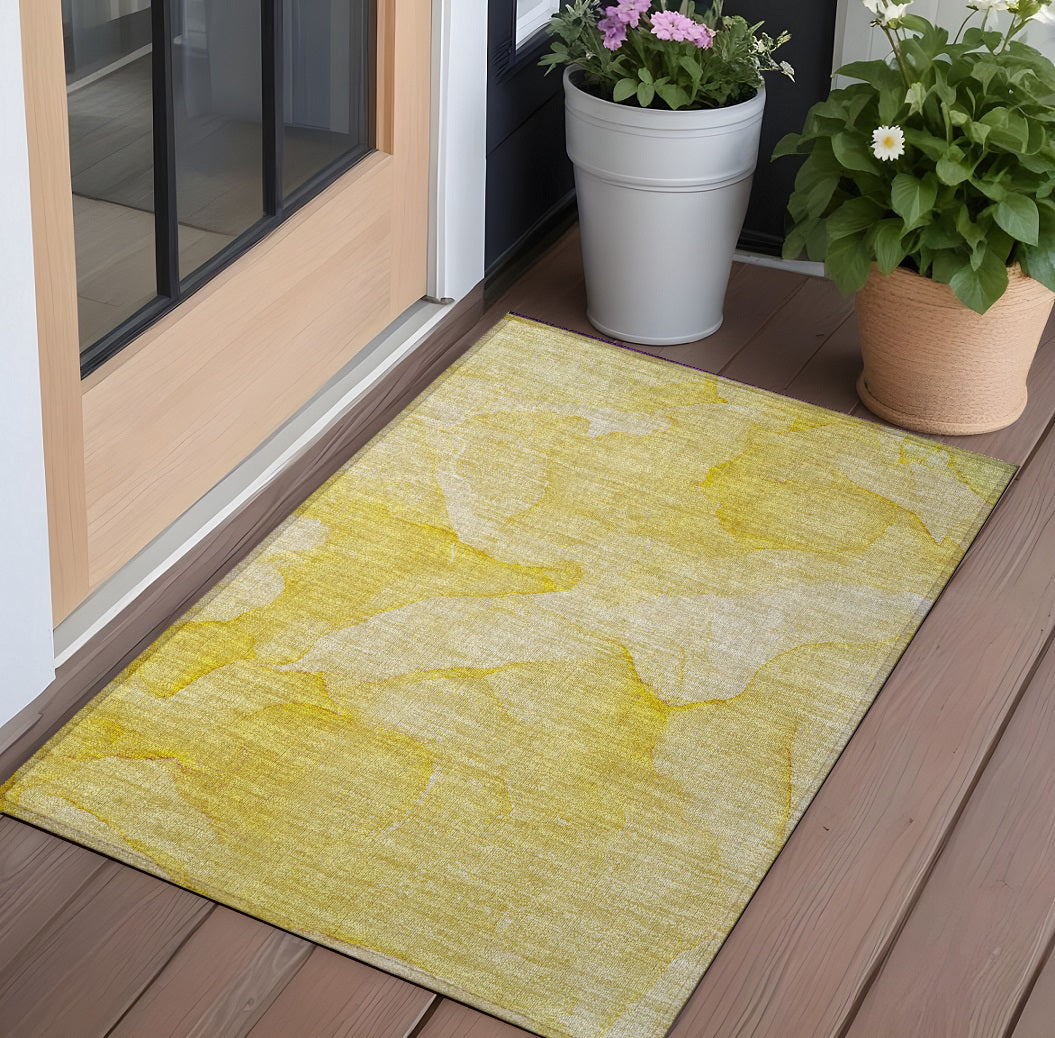 2' X 3' Gold Abstract Washable Non Skid Indoor Outdoor Area Rug
