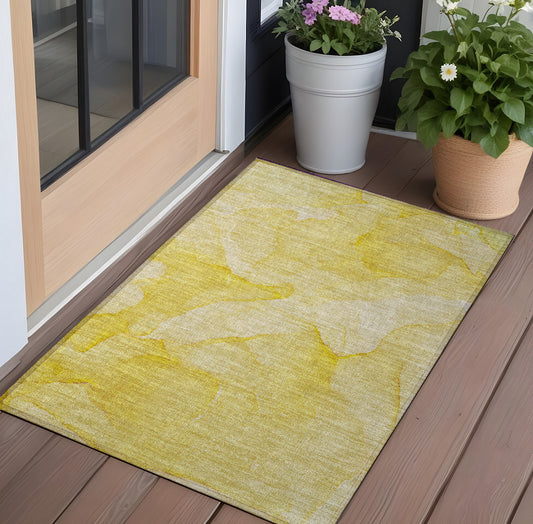2' X 3' Gold Abstract Washable Non Skid Indoor Outdoor Area Rug