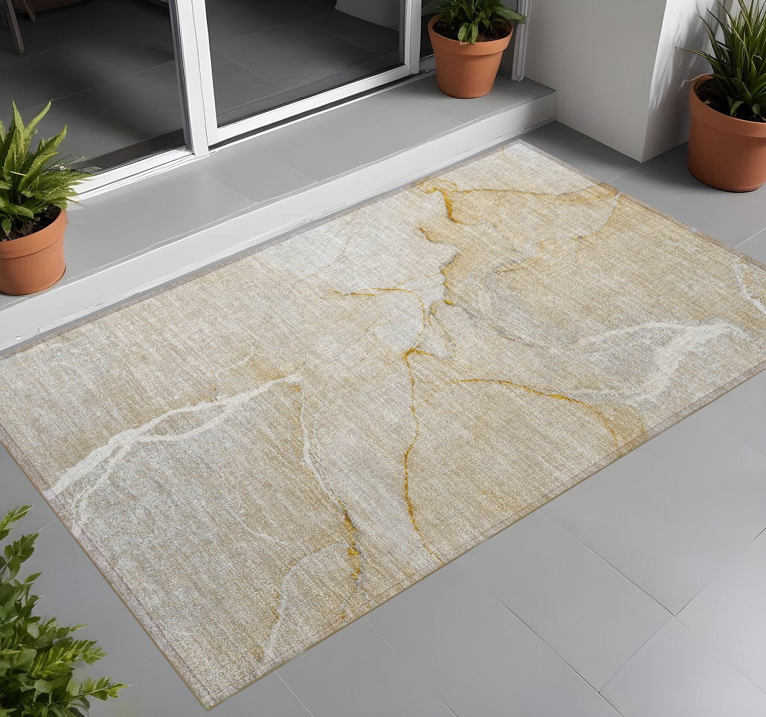 2' X 3' Beige Abstract Washable Indoor Outdoor Area Rug