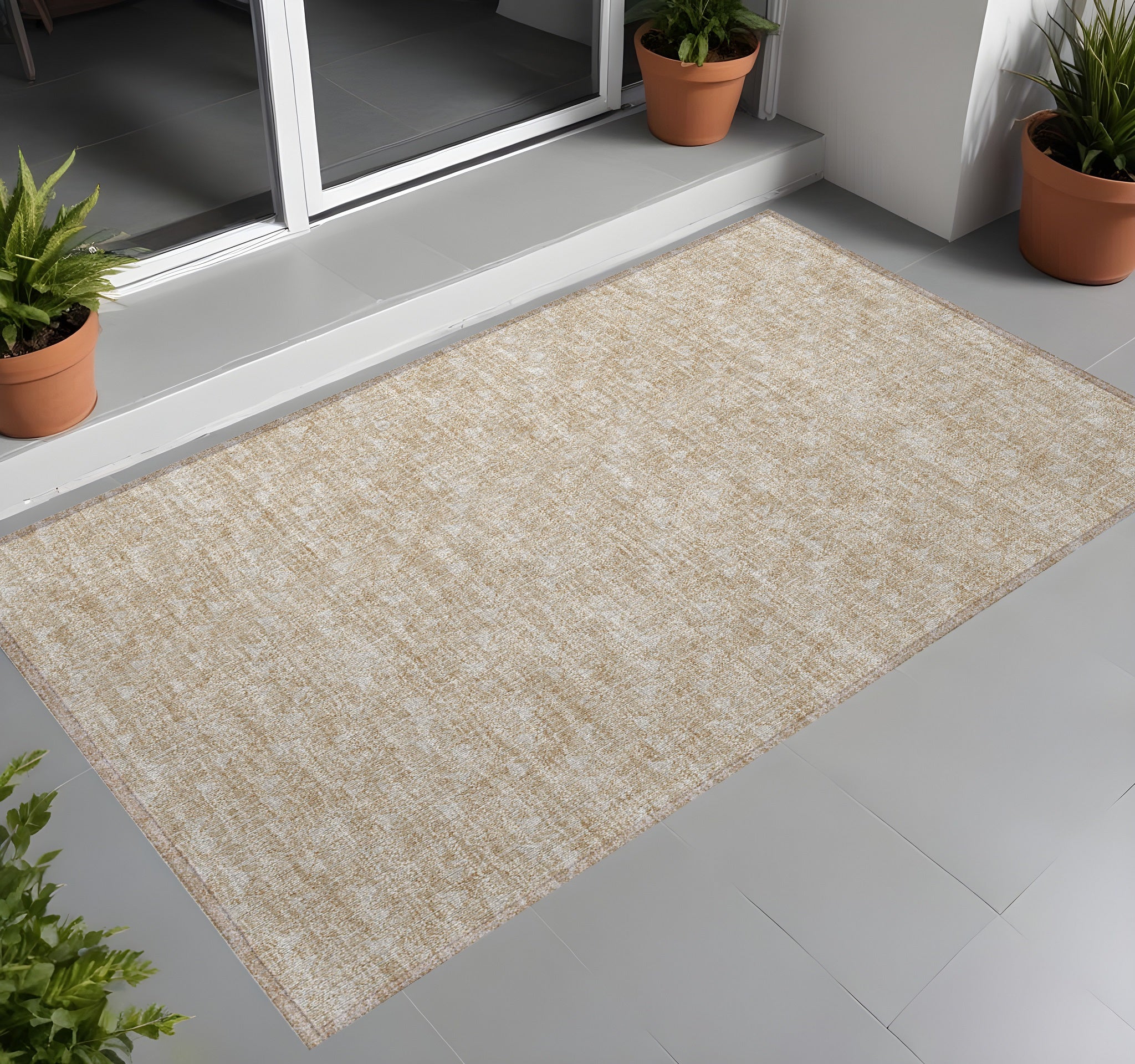 2' X 3' Tan Geometric Washable Non Skid Indoor Outdoor Area Rug
