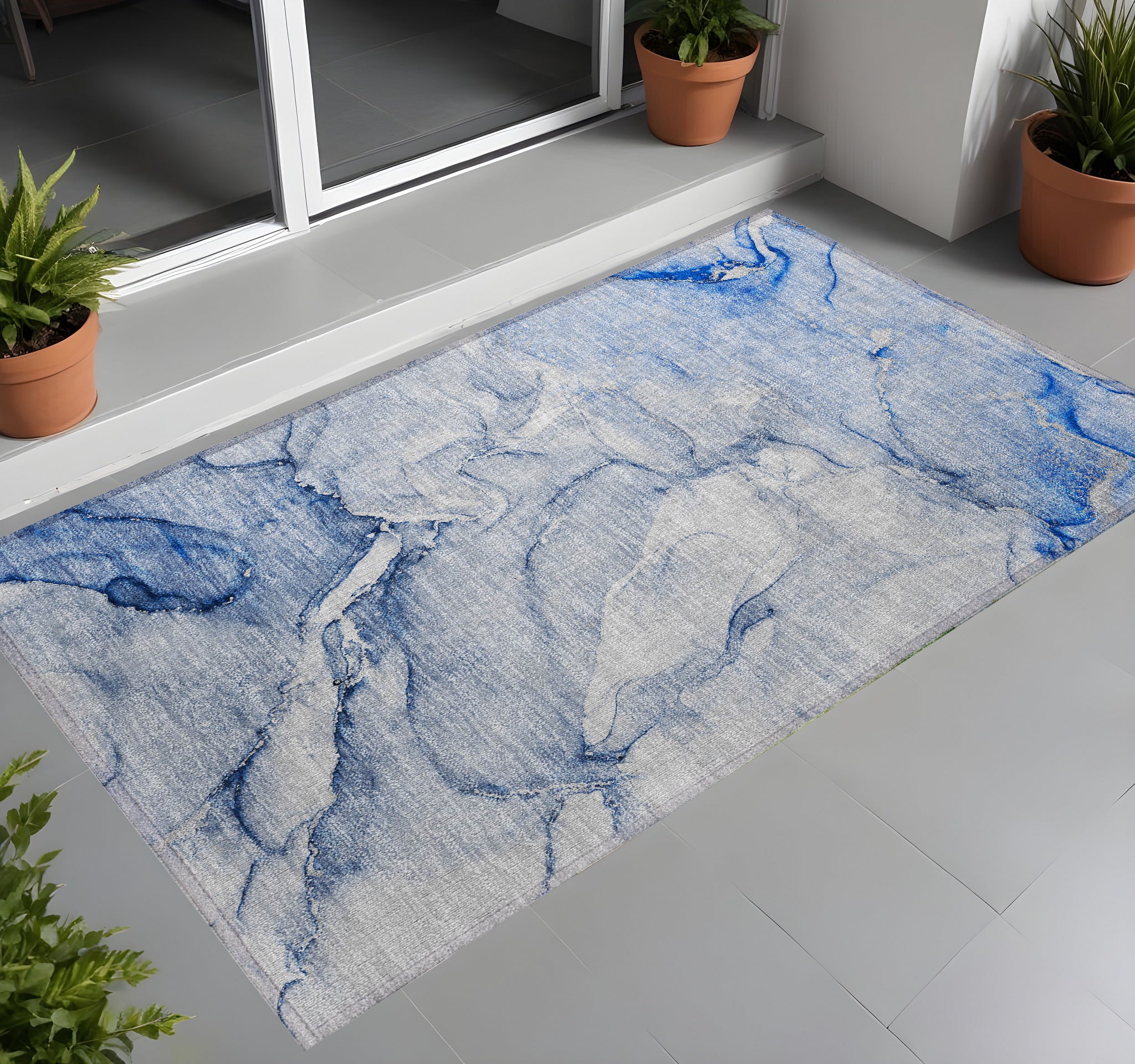 2' X 3' Navy Blue Abstract Washable Non Skid Indoor Outdoor Area Rug