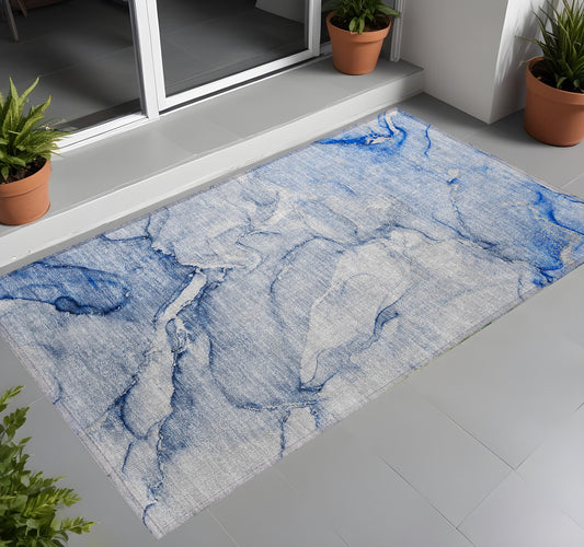 2' X 3' Navy Blue Abstract Washable Non Skid Indoor Outdoor Area Rug