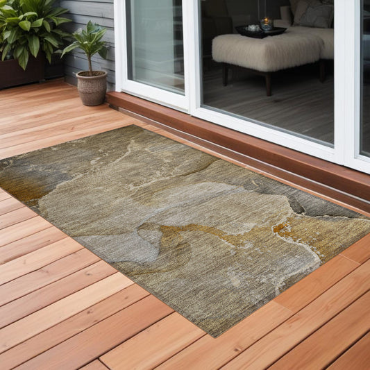 2' X 3' Brown Beige and Gold Abstract Washable Indoor Outdoor Area Rug