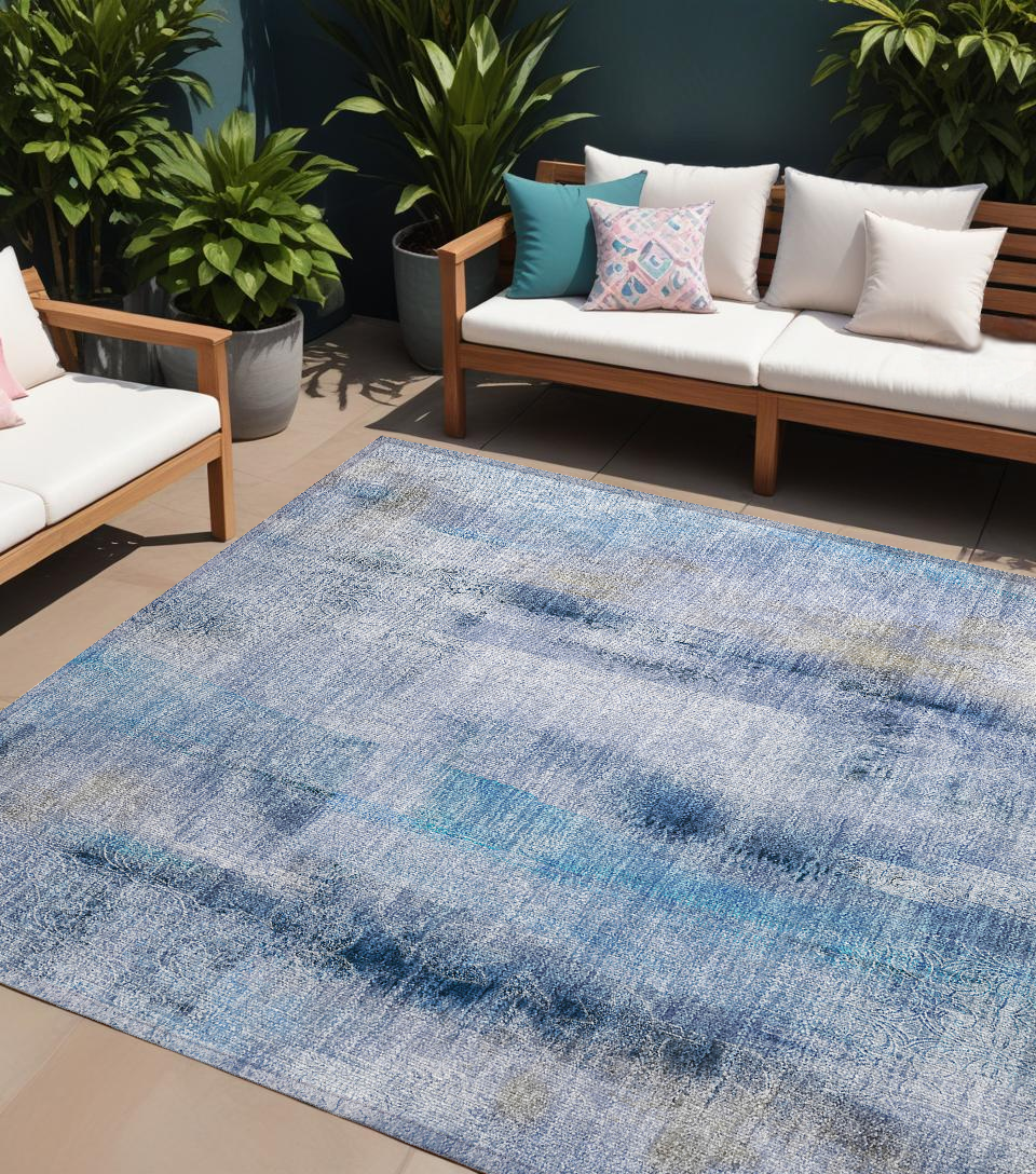 9' X 12' Blue Washable Non Skid Indoor Outdoor Area Rug