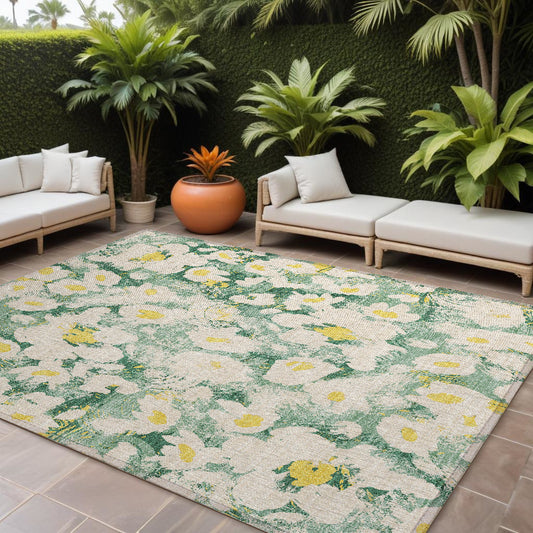 9' X 12' Green Floral Washable Non Skid Indoor Outdoor Area Rug