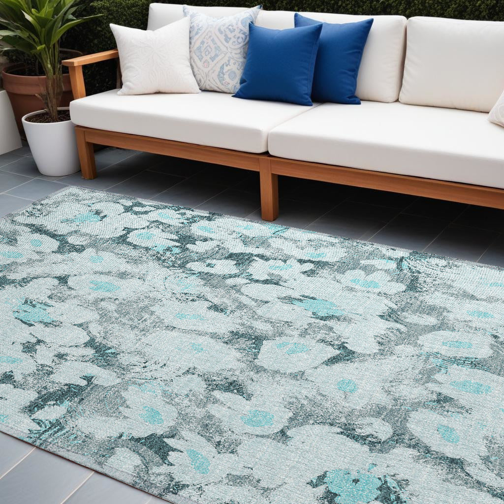 9' X 12' Teal Floral Washable Non Skid Indoor Outdoor Area Rug