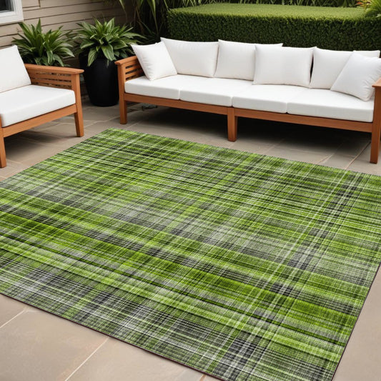 9' X 12' Green Plaid Washable Non Skid Indoor Outdoor Area Rug