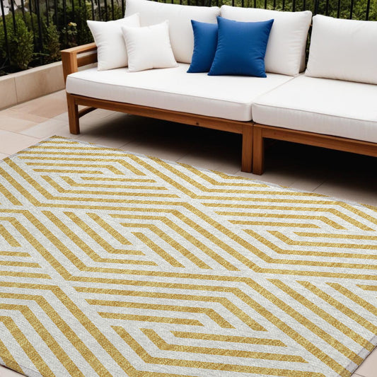 9' X 12' Gold and White Geometric Washable Non Skid Indoor Outdoor Area Rug