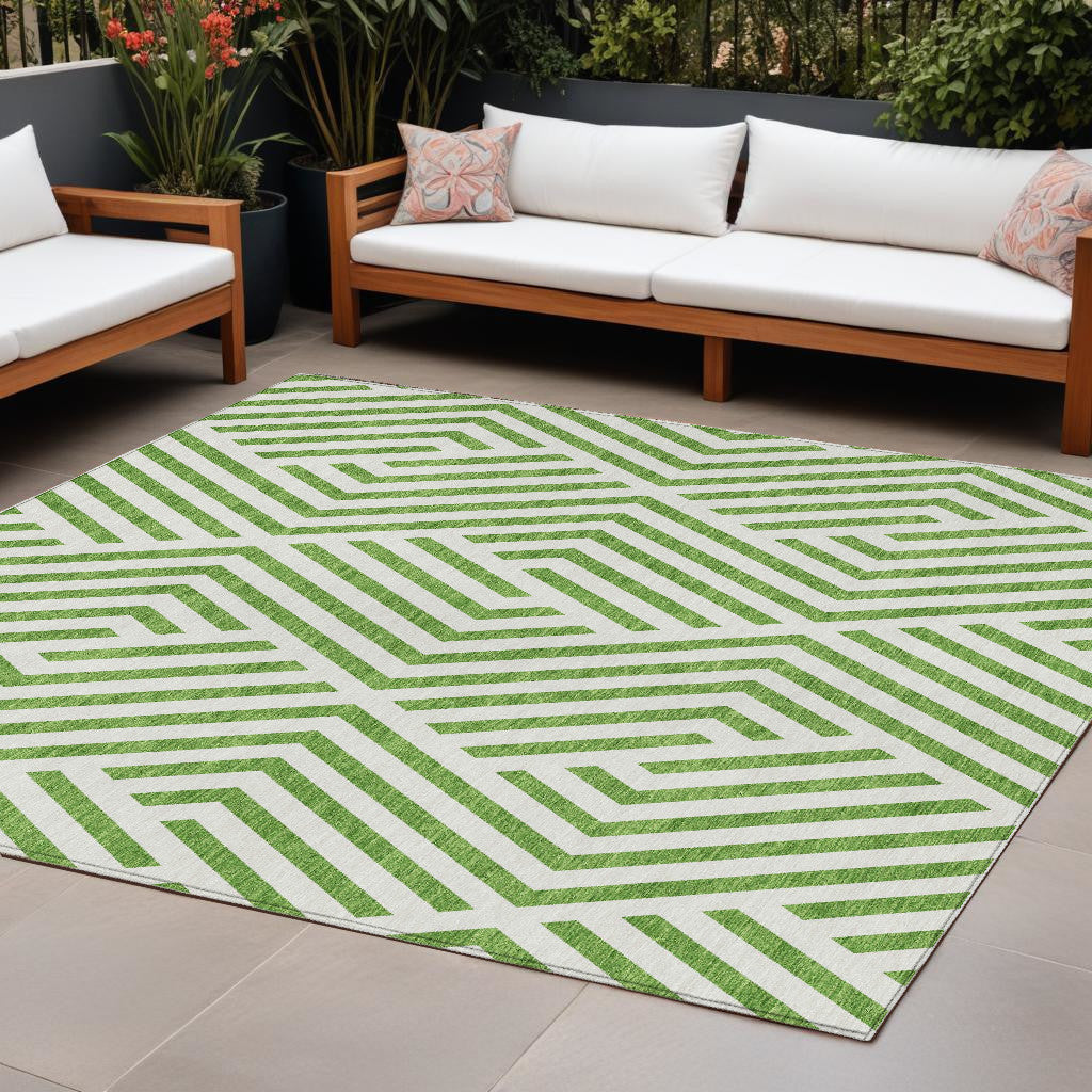 9' X 12' Lime Green and White Geometric Washable Non Skid Indoor Outdoor Area Rug
