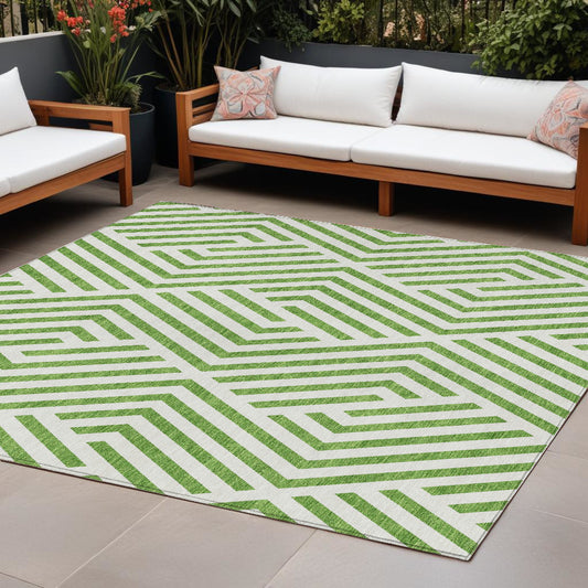 9' X 12' Lime Green and White Geometric Washable Non Skid Indoor Outdoor Area Rug