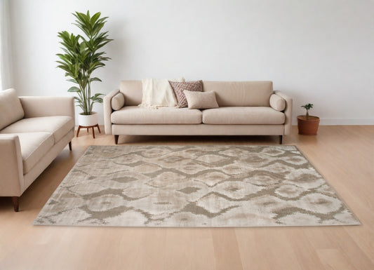 10' X 13' Taupe and Ivory Abstract Power Loom Worn Faded Area Rug