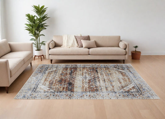 9' X 13' Ivory Red and Blue Abstract Power Loom Worn Faded Area Rug