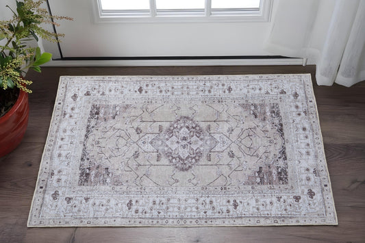 2' X 3' Tan and Gray Oriental Power Loom Worn Faded Washable Area Rug