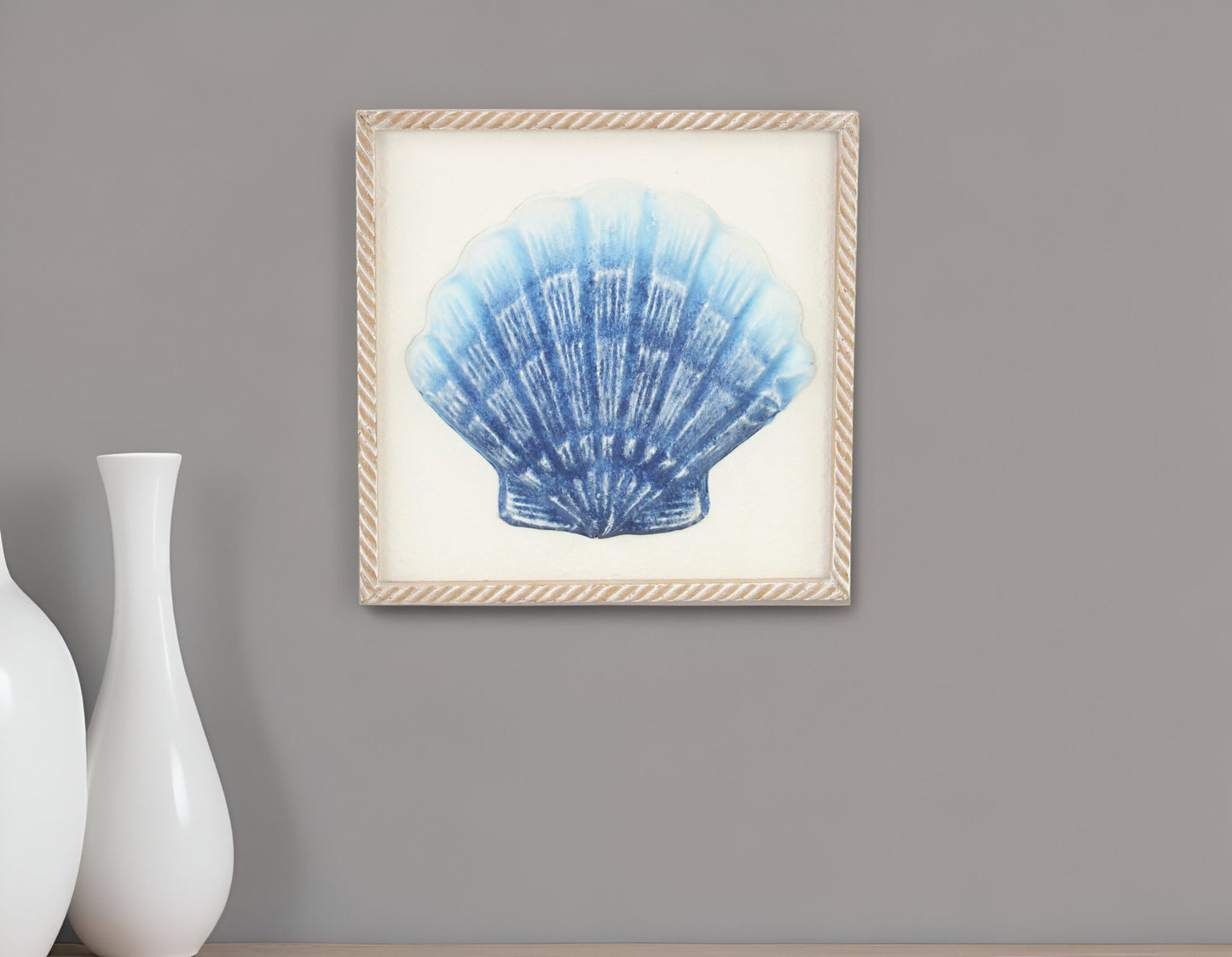 Blue and White Distressed Metal Sea Shell Brown Frame Wall Art