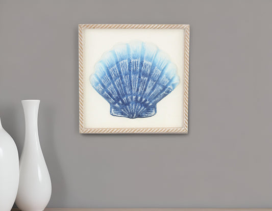 Blue and White Distressed Metal Sea Shell Brown Frame Wall Art