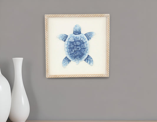 Blue and White Distressed Metal Sea Turtle Brown Frame Wall Art
