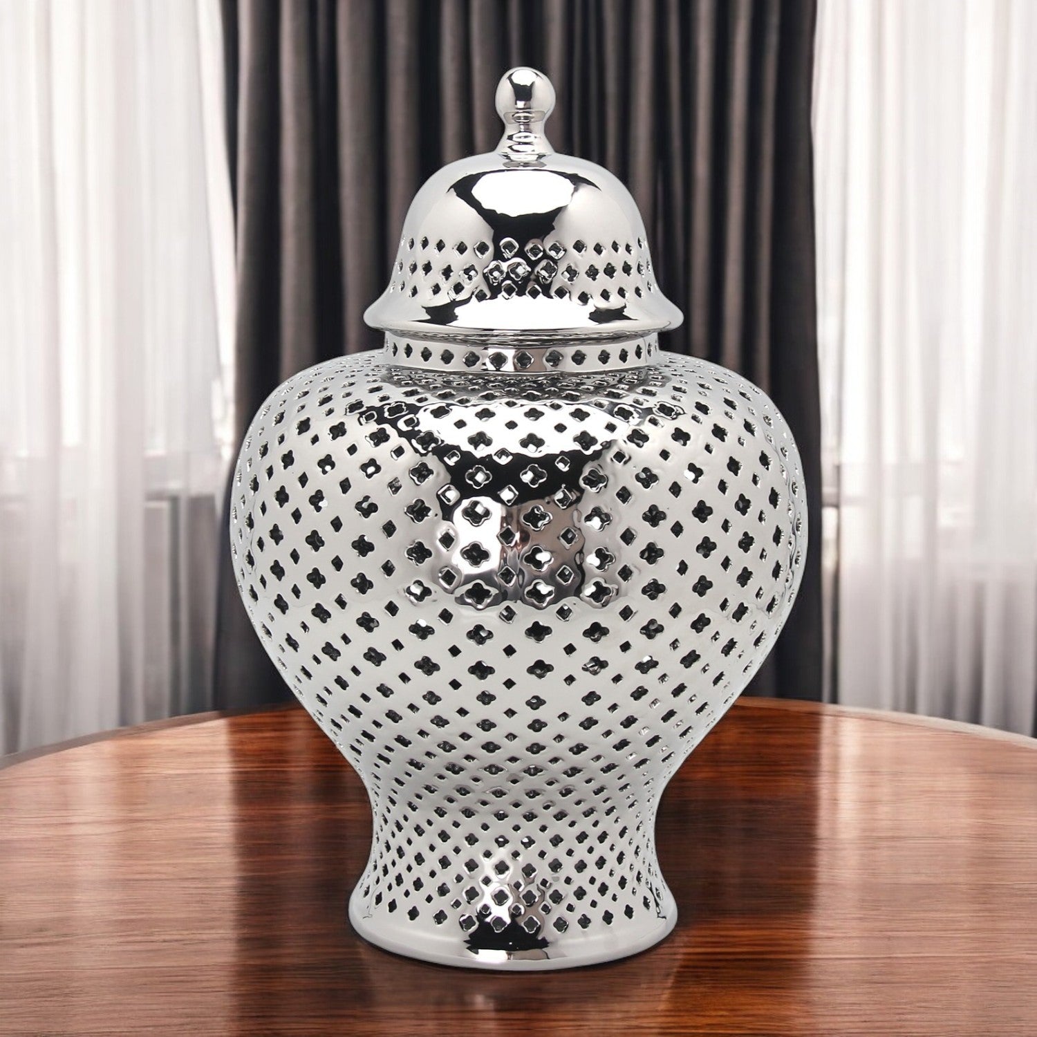 19" Silver Pierced Ceramic Round Ginger Jar