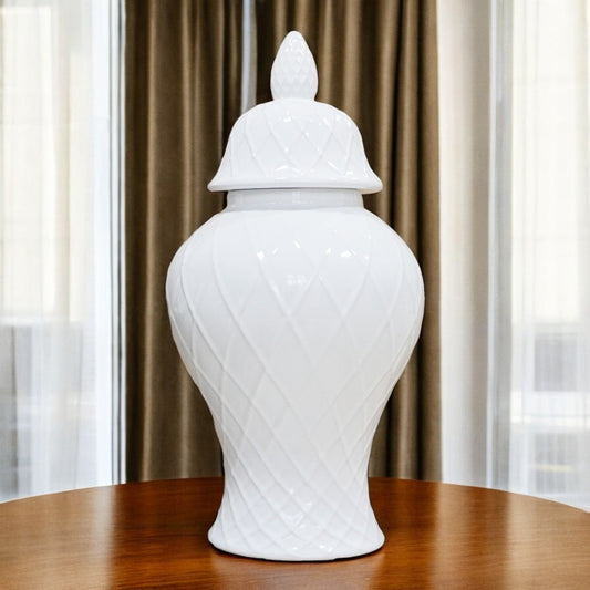17" White Geometric Urn Ceramic Ginger Jar