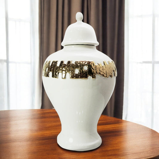 22" White and Gold Abstract Urn Ceramic Ginger Jar
