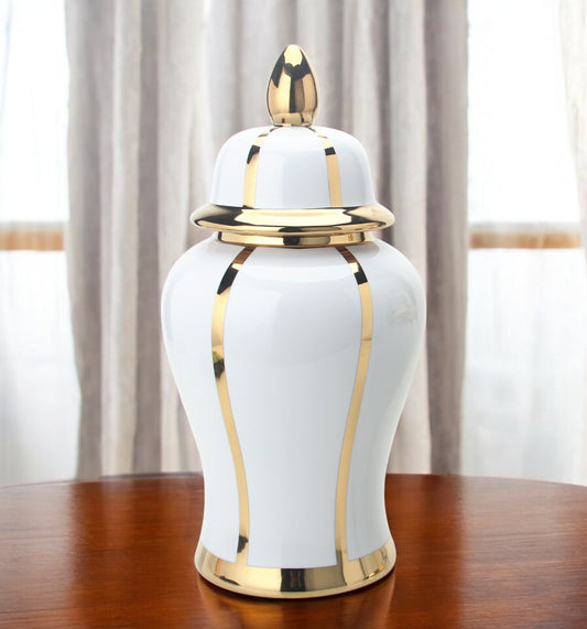 14" White and Gold Striped Urn Ceramic Ginger Jar