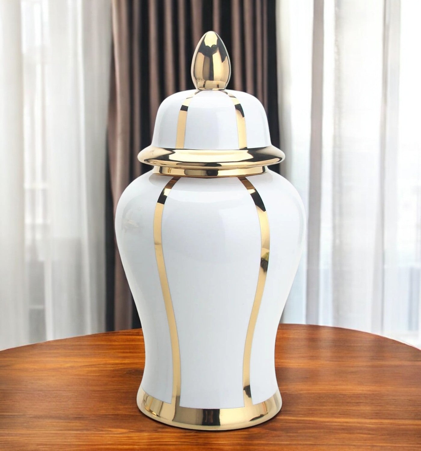 19" White and Gold Striped Urn Ceramic Ginger Jar