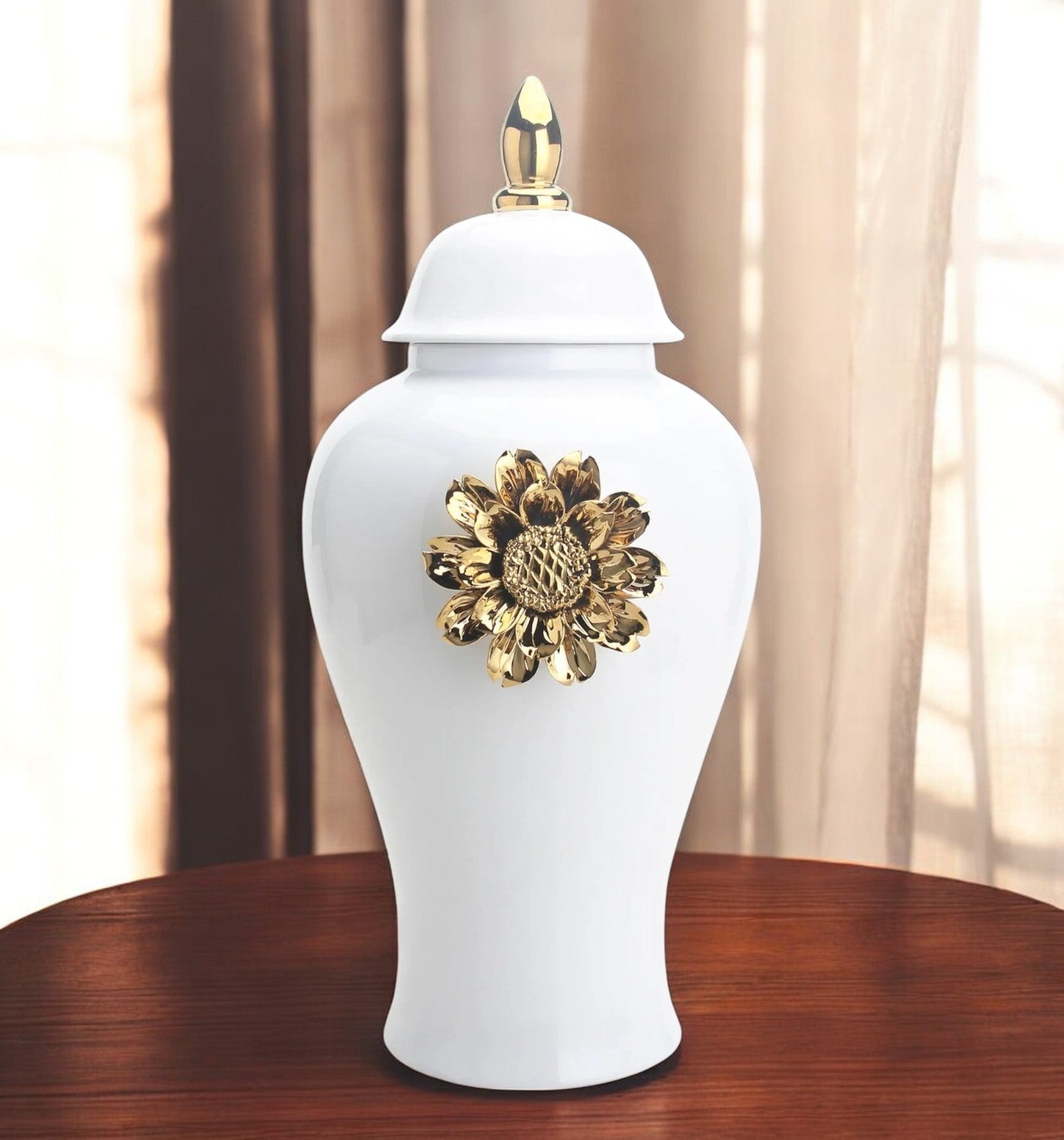 19" White and Gold Urn Ceramic Ginger Jar With Sculptural Details