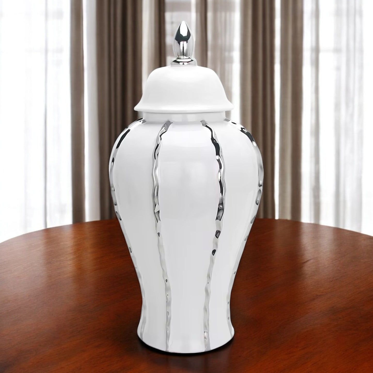 25" White and Silver Striped Urn Crystal Ginger Jar