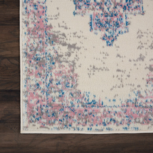6' Ivory Pink and Blue Medallion Distressed Runner Rug