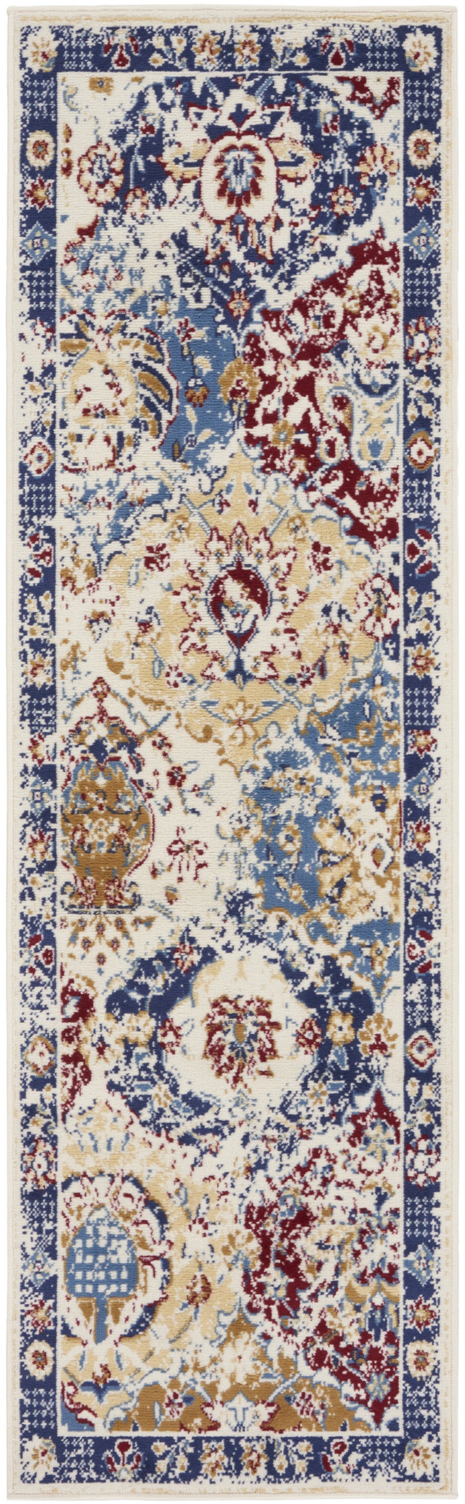 6' Ivory Red and Blue Ogee Distressed Runner Rug