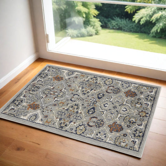 2' X 3' Gray Floral Power Loom Area Rug