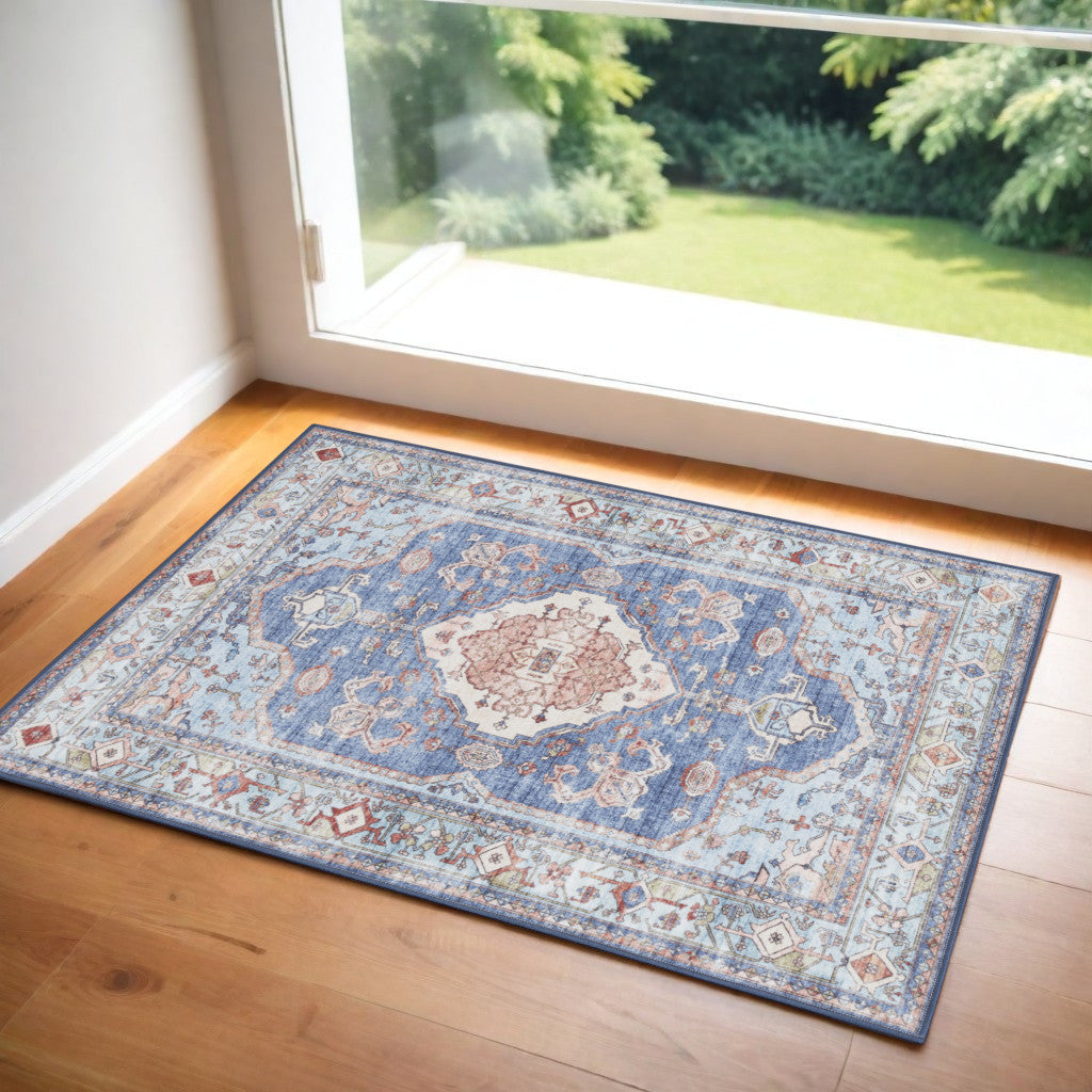 2' X 3' Ivory Red and Blue Oriental Distressed Non Skid Area Rug
