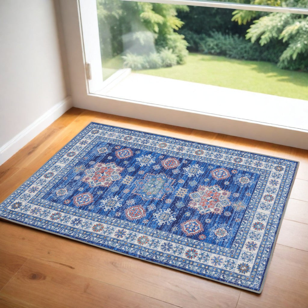 2' X 3' Ivory and Blue Oriental Distressed Non Skid Area Rug