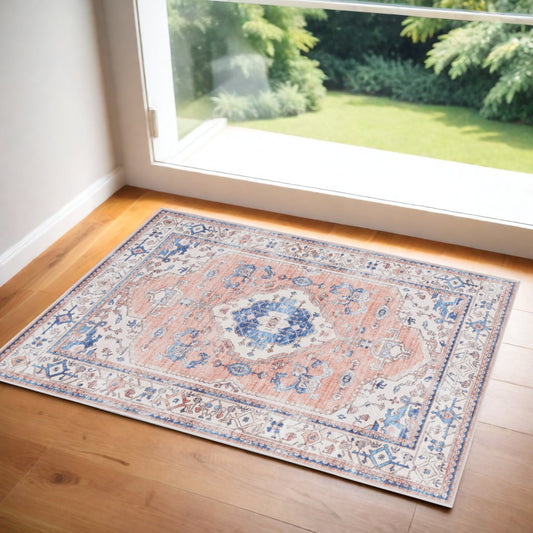 2' X 3' Ivory Blue and Coral Oriental Distressed Non Skid Area Rug