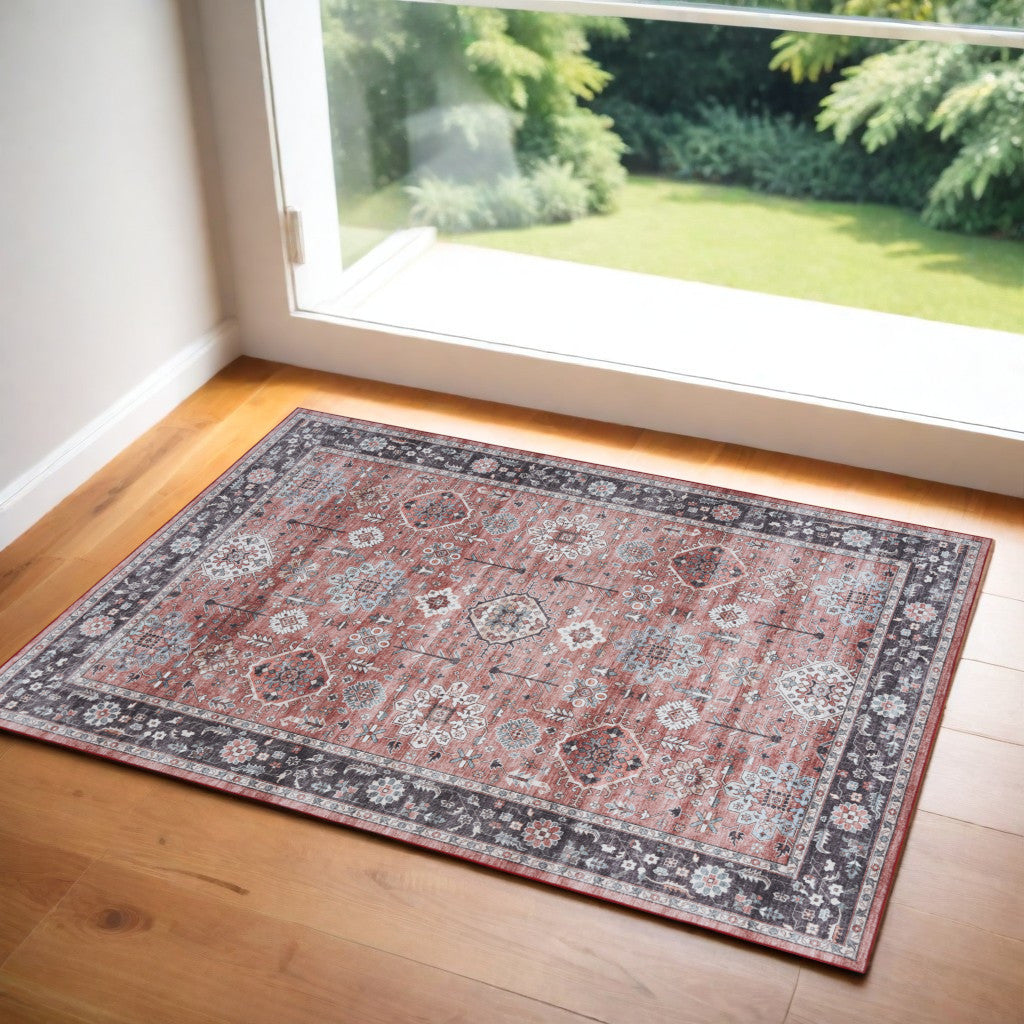 2' X 3' Brick Red and Black Oriental Distressed Non Skid Area Rug