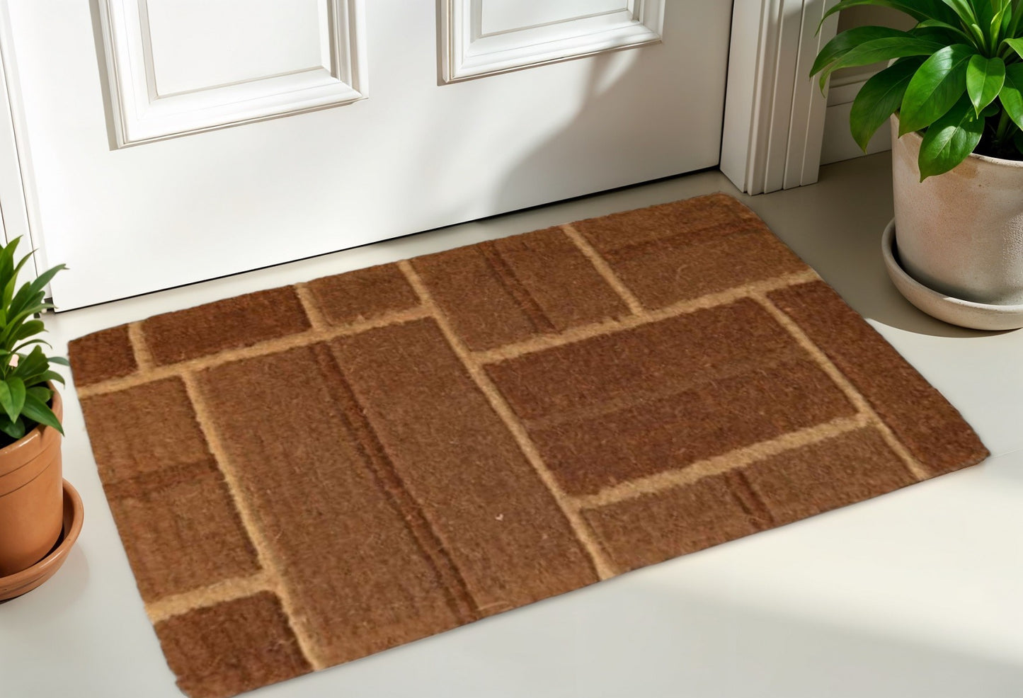 18" X 30" Brown Coir Geometric Bricks Outdoor Door Mat